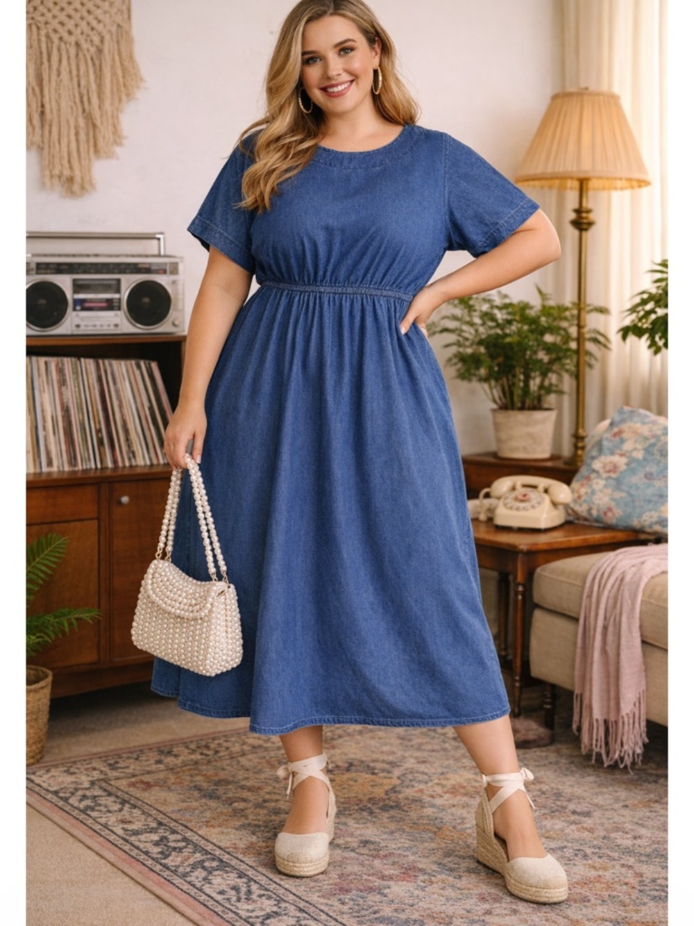 Vintage Spencer Alexis Retro 80s Indigo Denim Midi Dress Classic Made in‎ USA